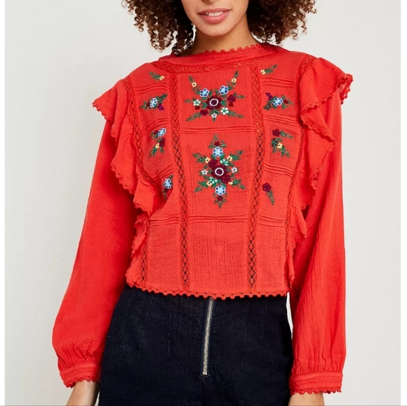 Free People Amy Red Floral Embroidered Bordado Top Medium - Picture 2 of 16